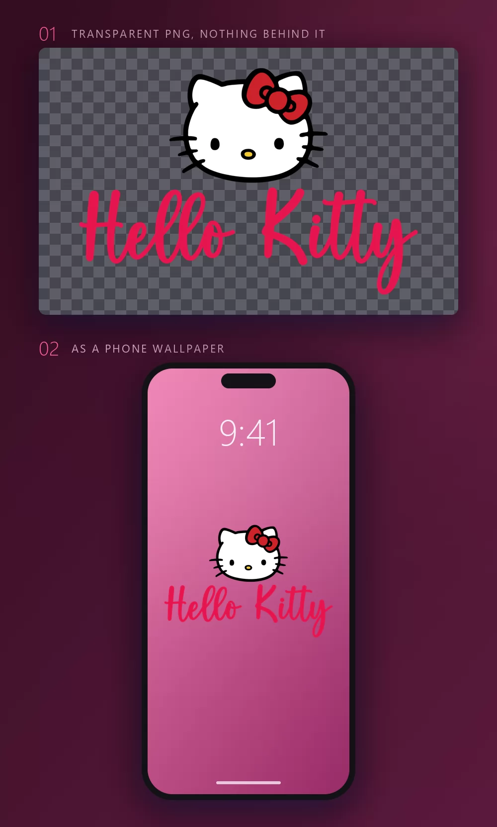 The same lettering shown twice: first over a dark checkerboard meaning a transparent background, then as the wallpaper of a phone lock screen on a pink gradient