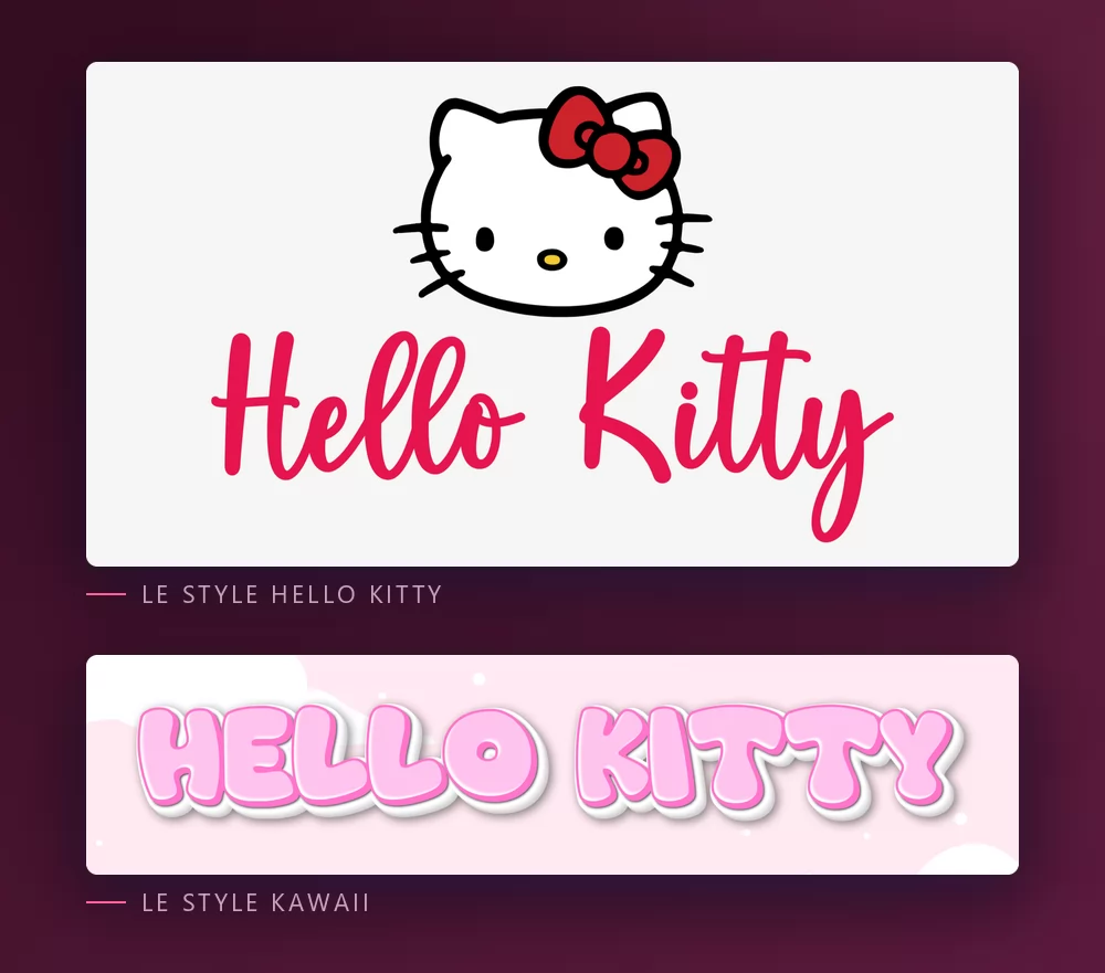 Le même prénom montré deux fois : d'abord dans l'écriture rouge sous la tête blanche de Kitty, puis en lettres bulles kawaii roses sur un fond de nuages pastel