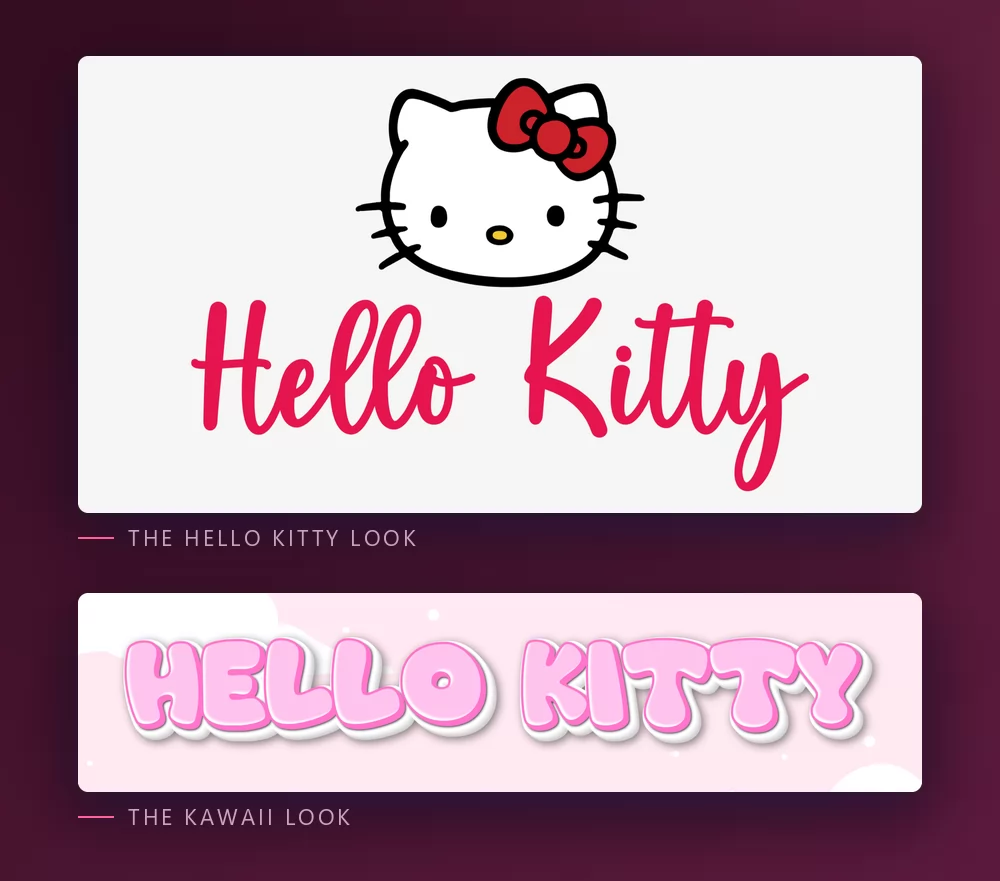 The same name shown twice: first in the red script under Kitty's white face, then in pink kawaii bubble letters on a pastel cloud background
