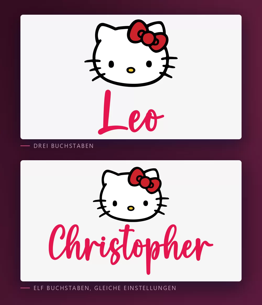 Ein Vorname mit drei Buchstaben und einer mit elf in derselben roten Schreibschrift unter Kittys Gesicht, der längere sichtbar enger