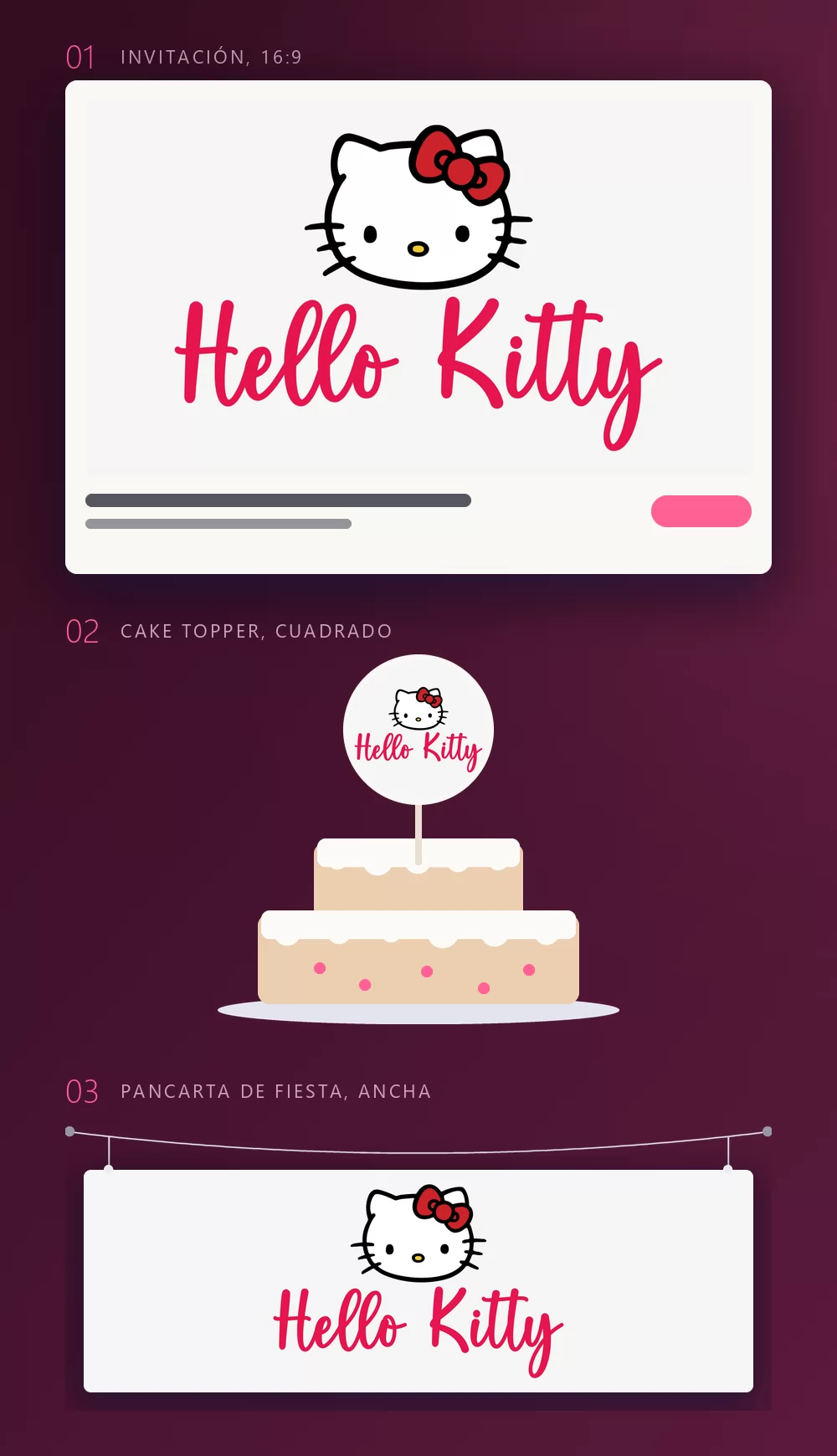 El mismo nombre en tres simulaciones de fiesta: como ilustración de una invitación impresa con líneas de texto debajo, como cake topper redondo en un palito clavado en una tarta rosa, y como pancarta colgada de dos cordones