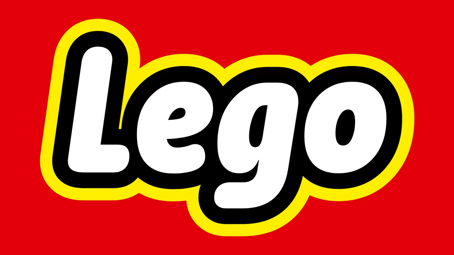 The word Lego in white rounded capitals with a black outline and a yellow border, on a red square