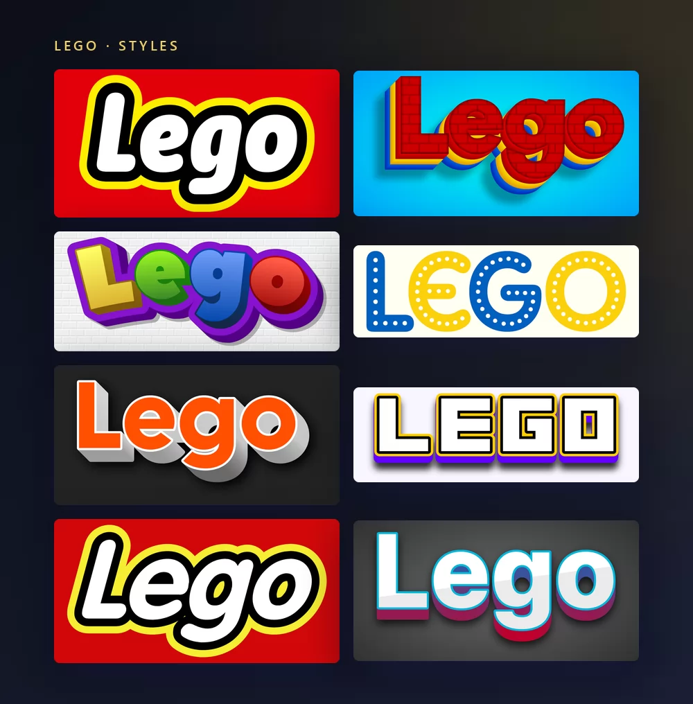 Eight Lego text styles: white rounded letters with a yellow border on red, red brick-textured 3D letters on blue, glossy coloured 3D letters on a white brick wall, blue and yellow letters made of studs, orange 3D letters with a grey shadow, white block capitals with a yellow outline, a second red and yellow logo variant, and white 3D letters with a cyan edge