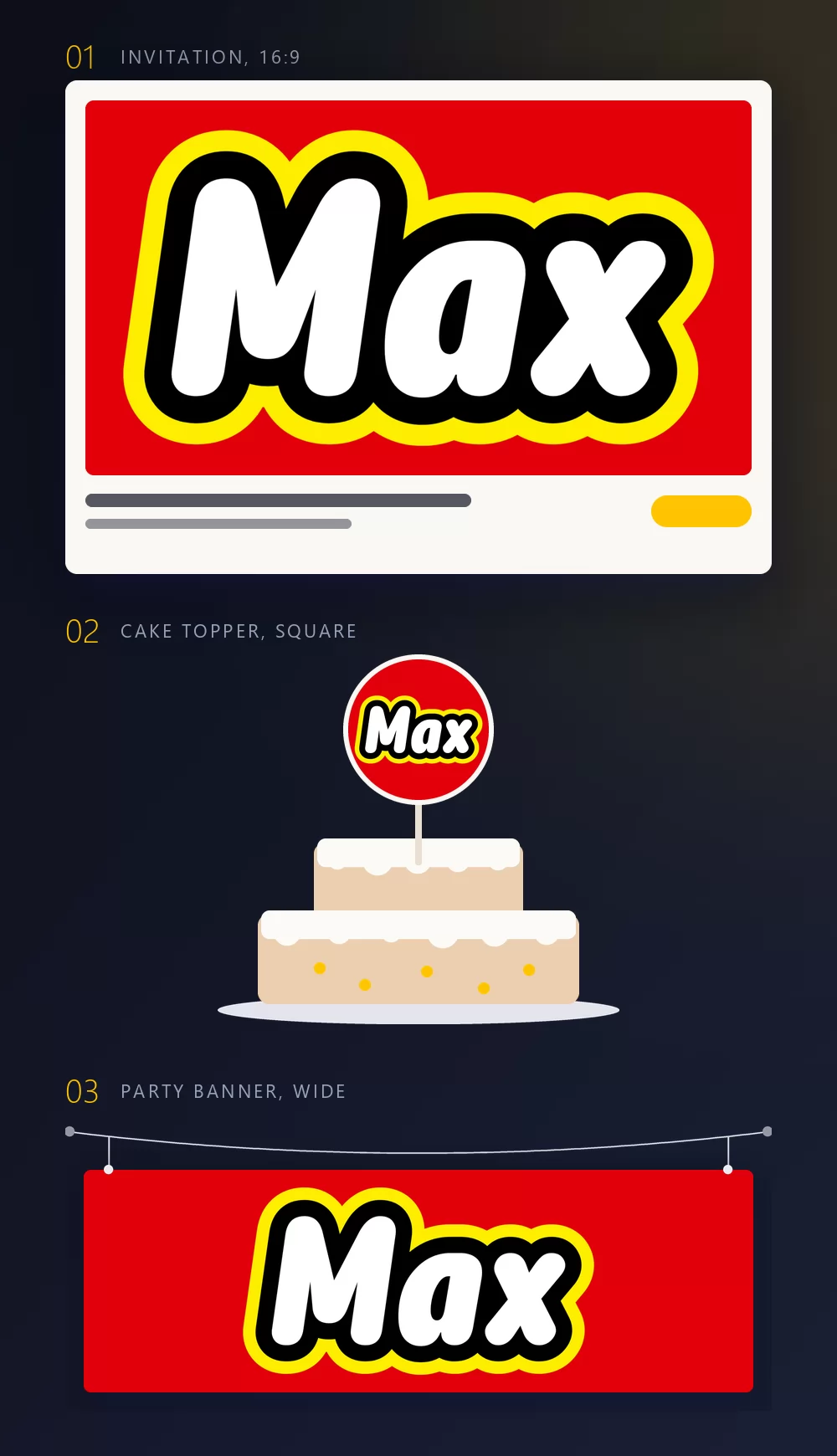 The same name in three mock-ups: a printed invitation card, a round cake topper on a pink cake, and a wide party banner hanging from two strings