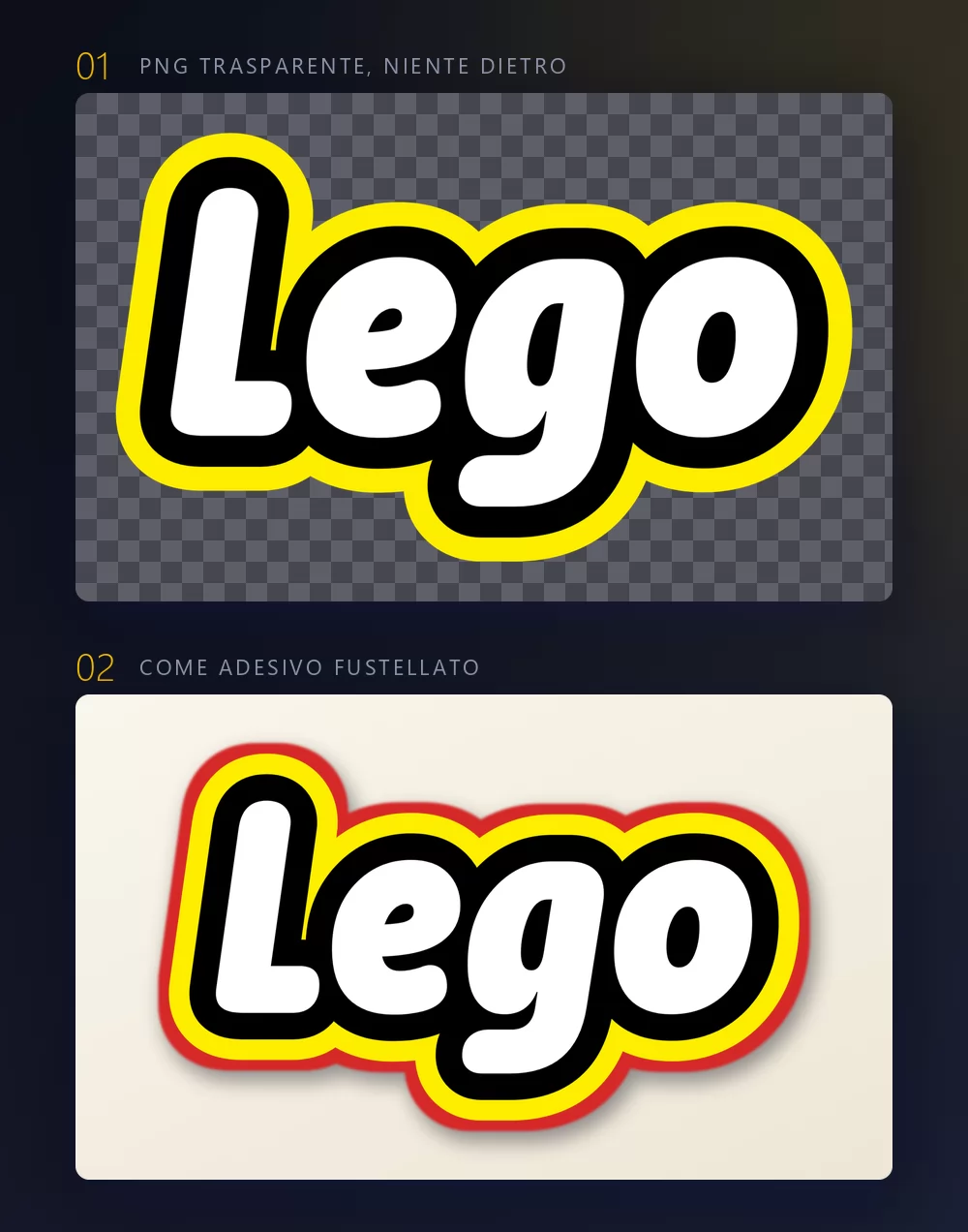 Lo stesso lettering mostrato due volte: prima su una scacchiera scura che rappresenta lo sfondo trasparente, poi come adesivo fustellato con bordo rosso su una superficie color crema
