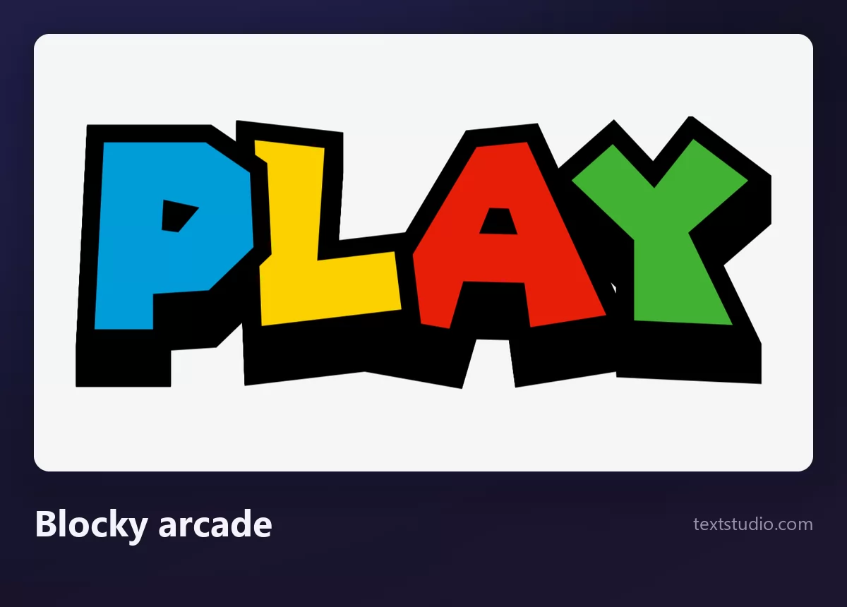 The word PLAY in blocky arcade lettering, chunky capitals in blue, yellow, red and green with a thick black outline on white