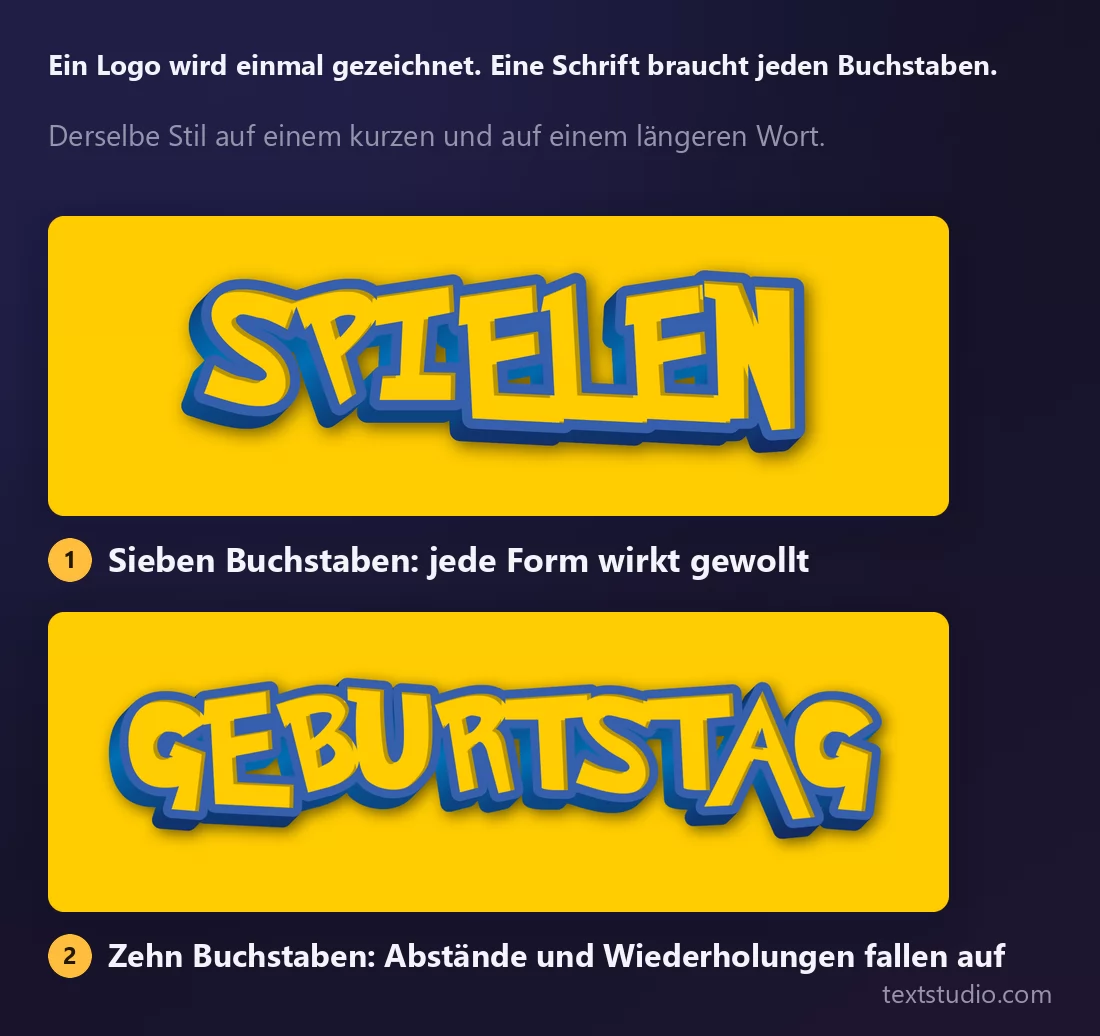 Dasselbe abgeschrägte Cartoon-Lettering auf zwei Wörtern: SPIELEN mit sieben Buchstaben, bei dem jede Form gewollt wirkt, und GEBURTSTAG mit zehn Buchstaben, wo die Abstände enger werden und die wiederholten Buchstaben die Nachbildung verraten
