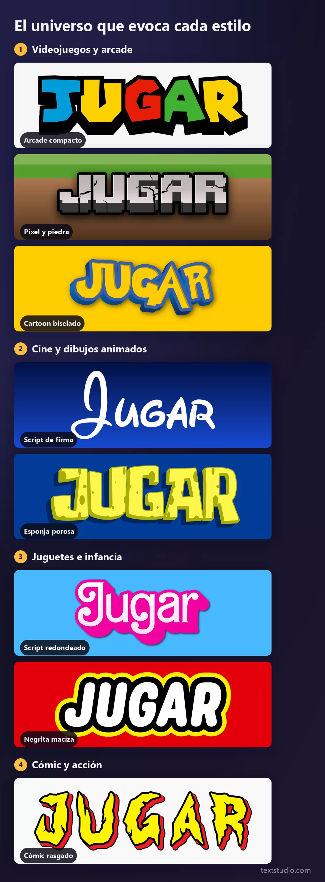 Los ocho estilos ordenados en cuatro grupos: juegos y arcade, cine y dibujos animados, juguetes e infancia, y cómic y acción, con el lettering que corresponde a cada grupo