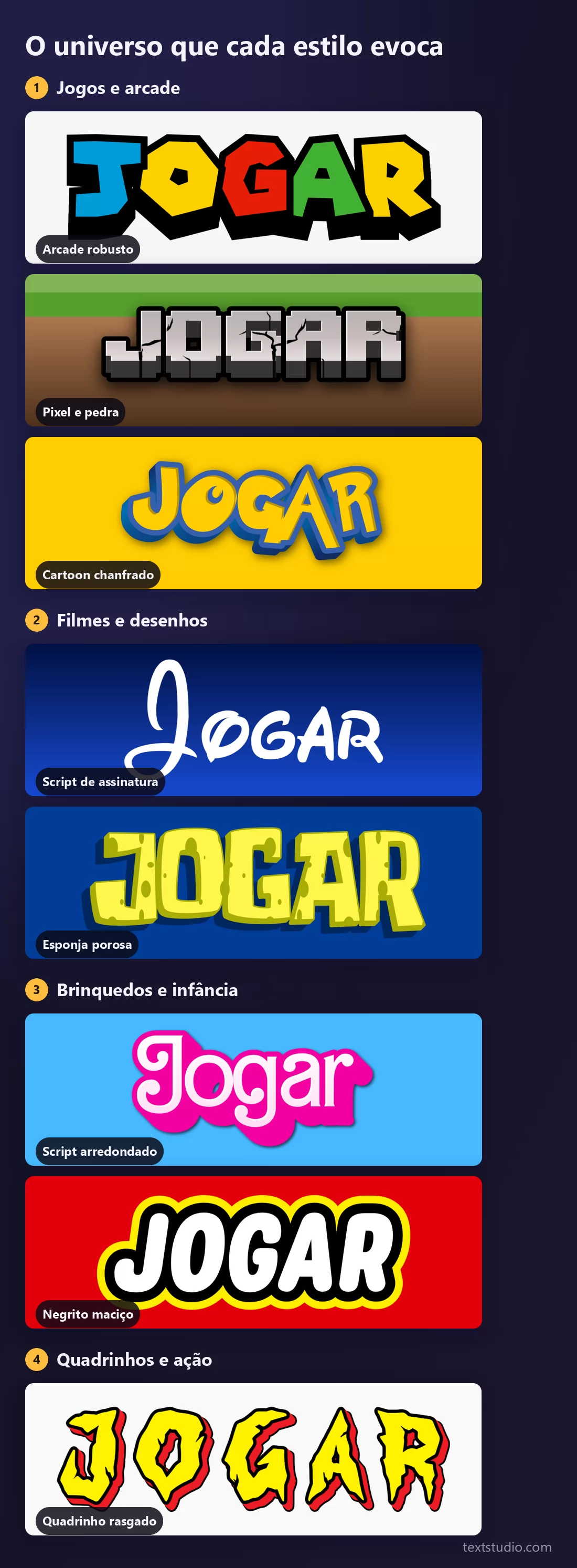 Os oito estilos de letras de logo divididos em quatro grupos: jogos e arcade, filmes e desenhos, brinquedos e infância, quadrinhos e ação, cada grupo mostrando o lettering que lhe pertence
