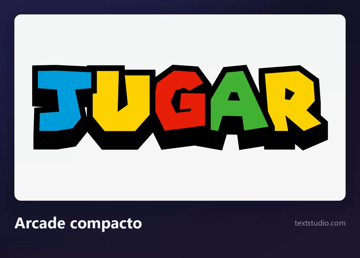 La palabra JUGAR en lettering arcade compacto, mayúsculas gruesas en azul, amarillo, rojo y verde rodeadas por un contorno negro grueso, sobre un fondo blanco