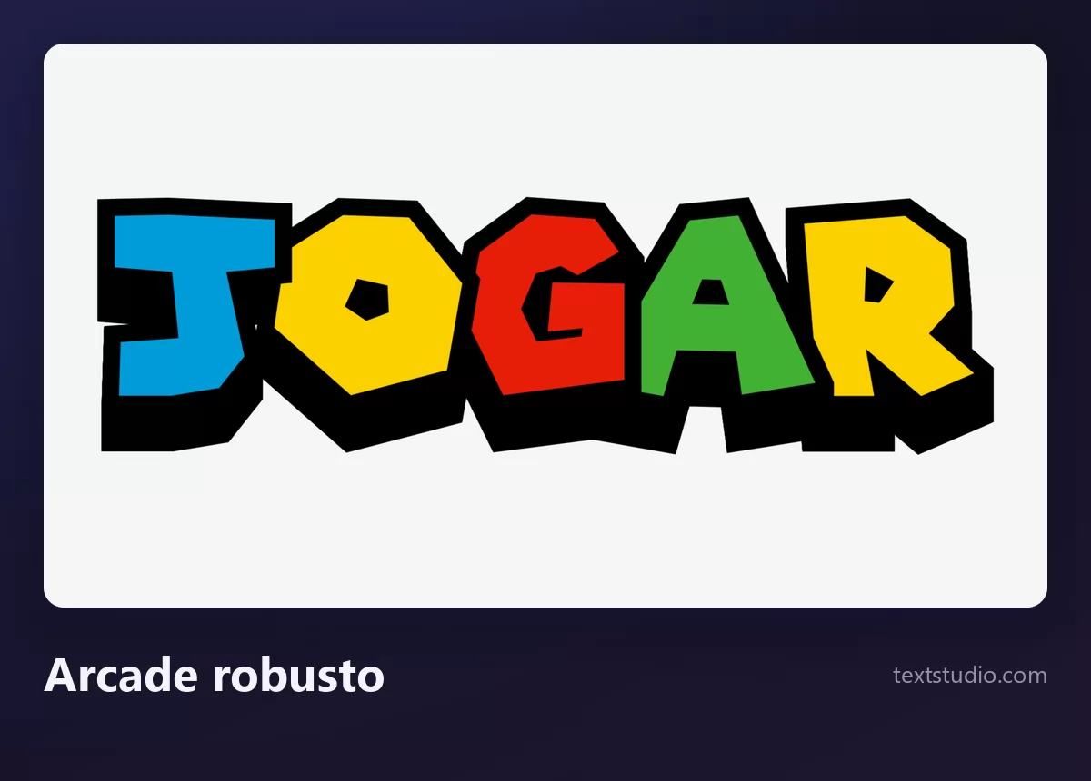 A palavra JOGAR em letras de logo de arcade robustas, maiúsculas gordas em azul, amarelo, vermelho e verde com um contorno preto bem grosso sobre fundo branco