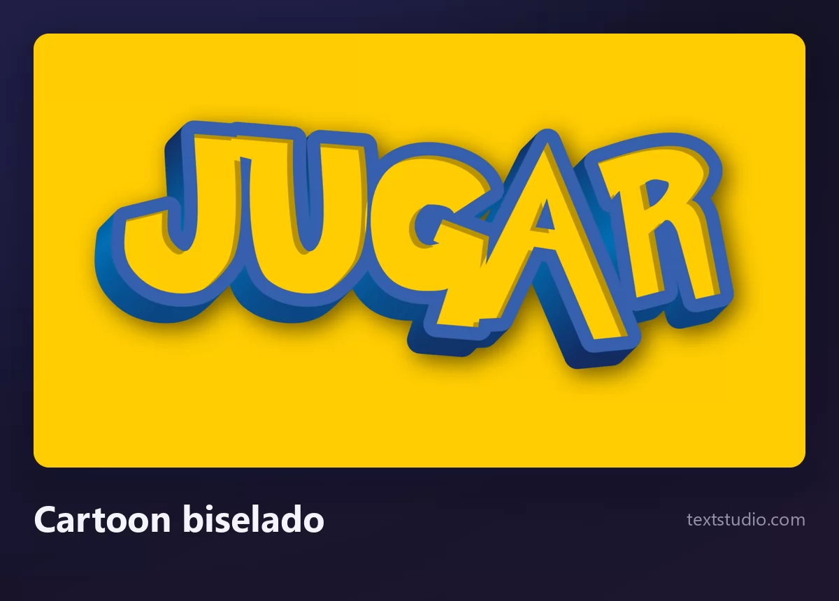 La palabra JUGAR en mayúsculas cartoon amarillas y biseladas, con un contorno azul grueso y un canto tridimensional, sobre un fondo amarillo dorado