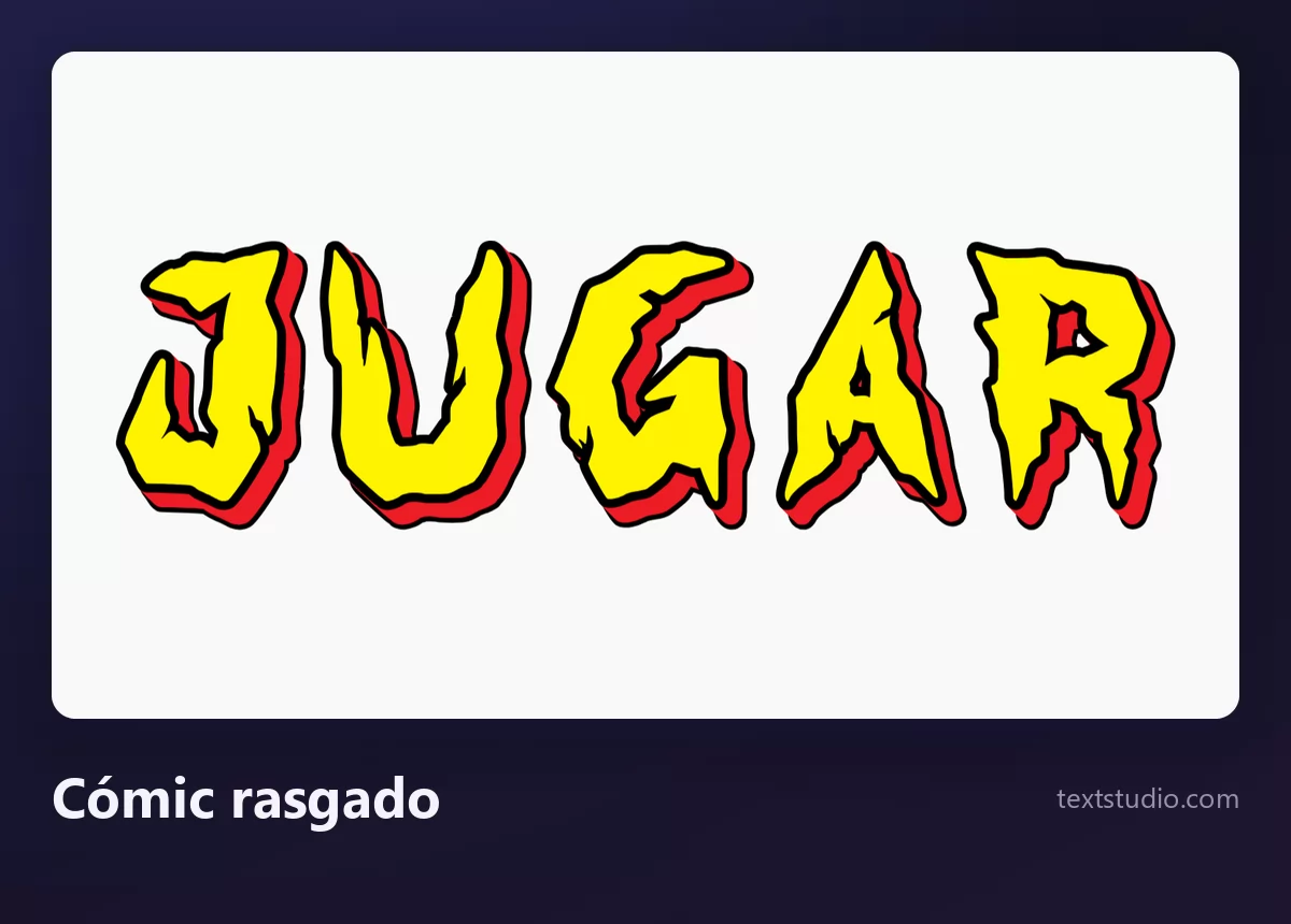 La palabra JUGAR en mayúsculas amarillas con un contorno rojo rasgado e irregular y esquinas afiladas en punta, sobre un fondo blanco