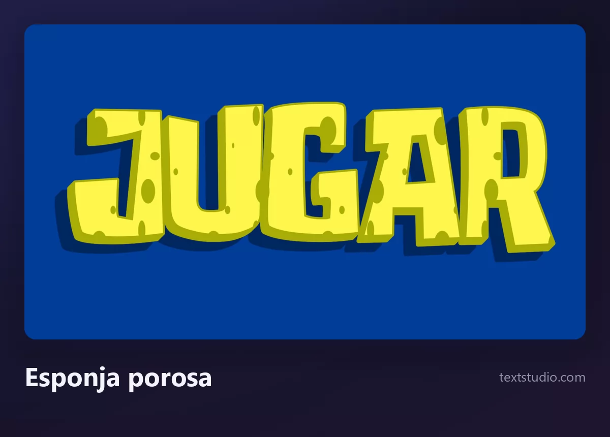 La palabra JUGAR en letras de esponja amarillas y porosas, con agujeros visibles por toda su superficie y un borde verde suave, sobre un fondo azul intenso