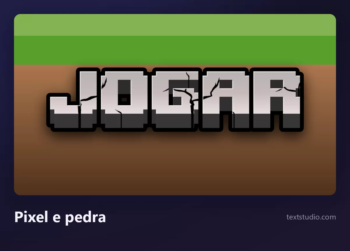 A palavra JOGAR em letras de pixel cinza com textura de pedra rachada, apoiadas numa faixa de grama verde acima de um bloco de terra marrom