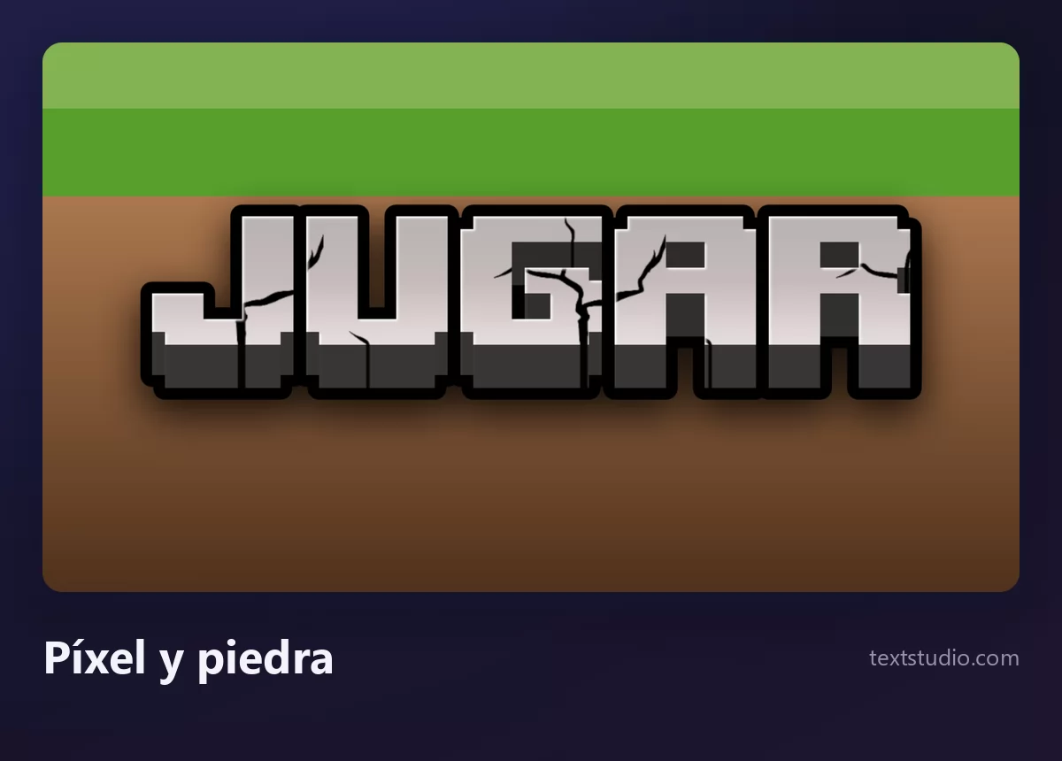 La palabra JUGAR en letras de píxeles grises con textura de piedra y grietas, apoyadas sobre una franja de hierba verde por encima de un bloque de tierra marrón