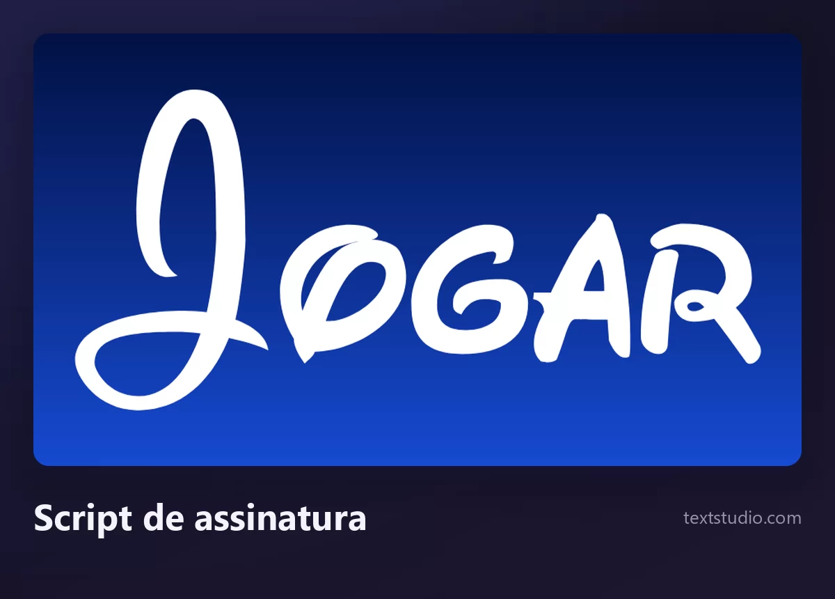 A palavra Jogar num script de assinatura branco, fino e cheio de laços, com a primeira letra em espiral bem marcada, sobre um degradê azul profundo