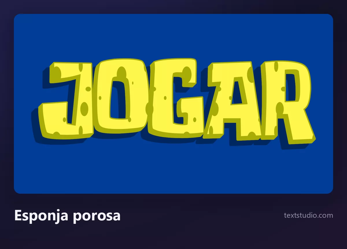 A palavra JOGAR em letras amarelas de esponja porosa, cheias de furos visíveis e com uma borda verde suave, sobre um fundo azul profundo