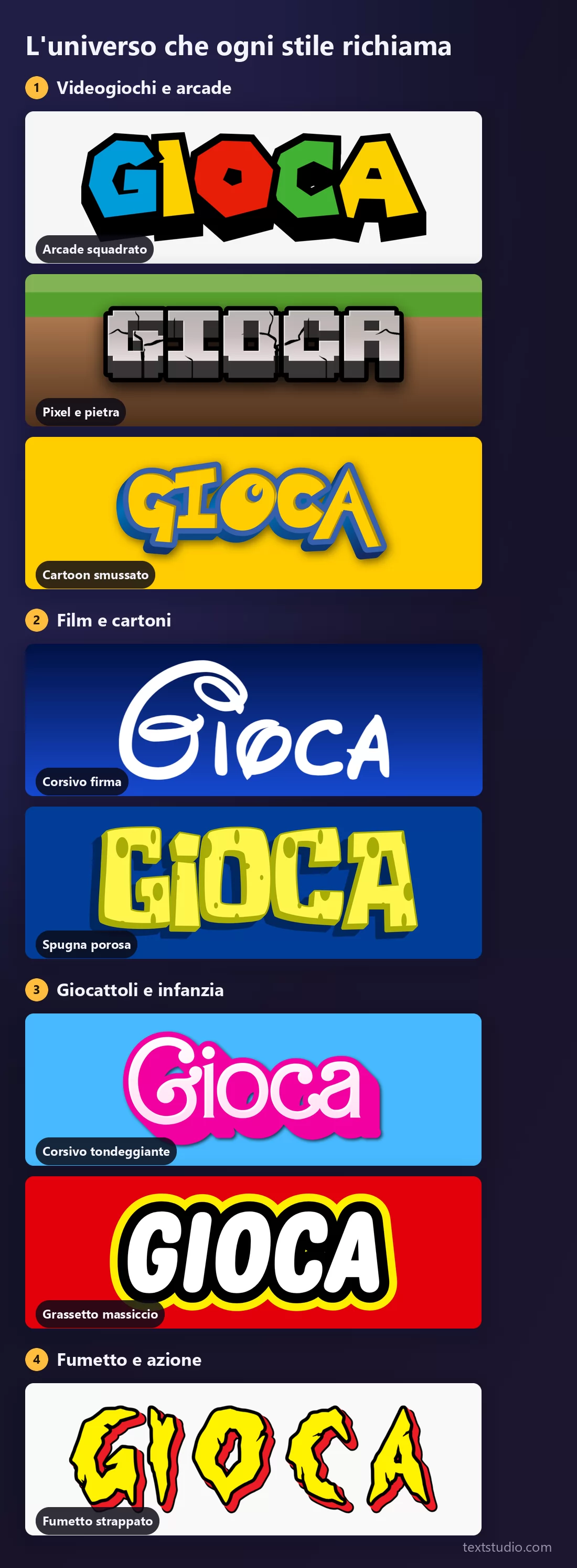 Gli otto stili divisi in quattro gruppi: giochi e arcade, film e cartoni, giocattoli e infanzia, fumetti e azione, con dentro ogni gruppo il lettering che gli appartiene