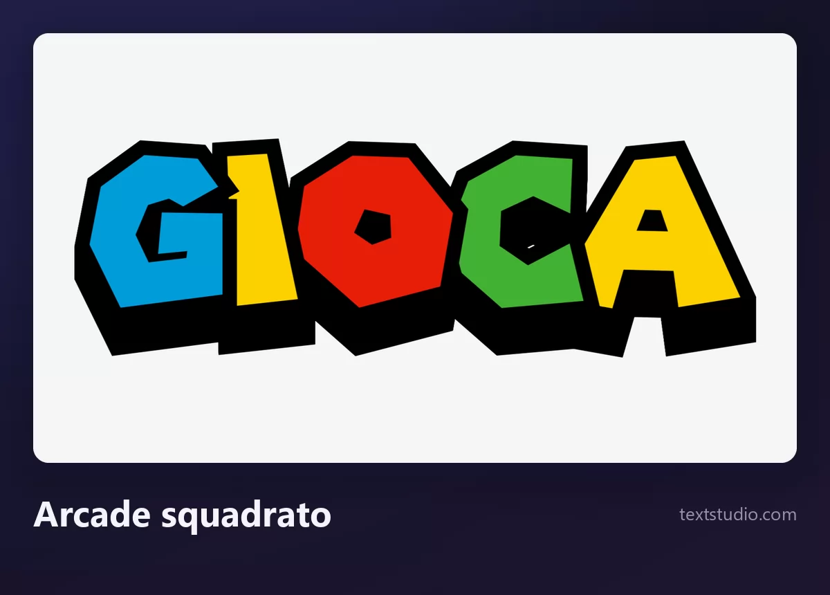 La parola GIOCA in lettering arcade squadrato, maiuscole grasse in blu, giallo, rosso e verde con un contorno nero molto spesso, su uno sfondo bianco