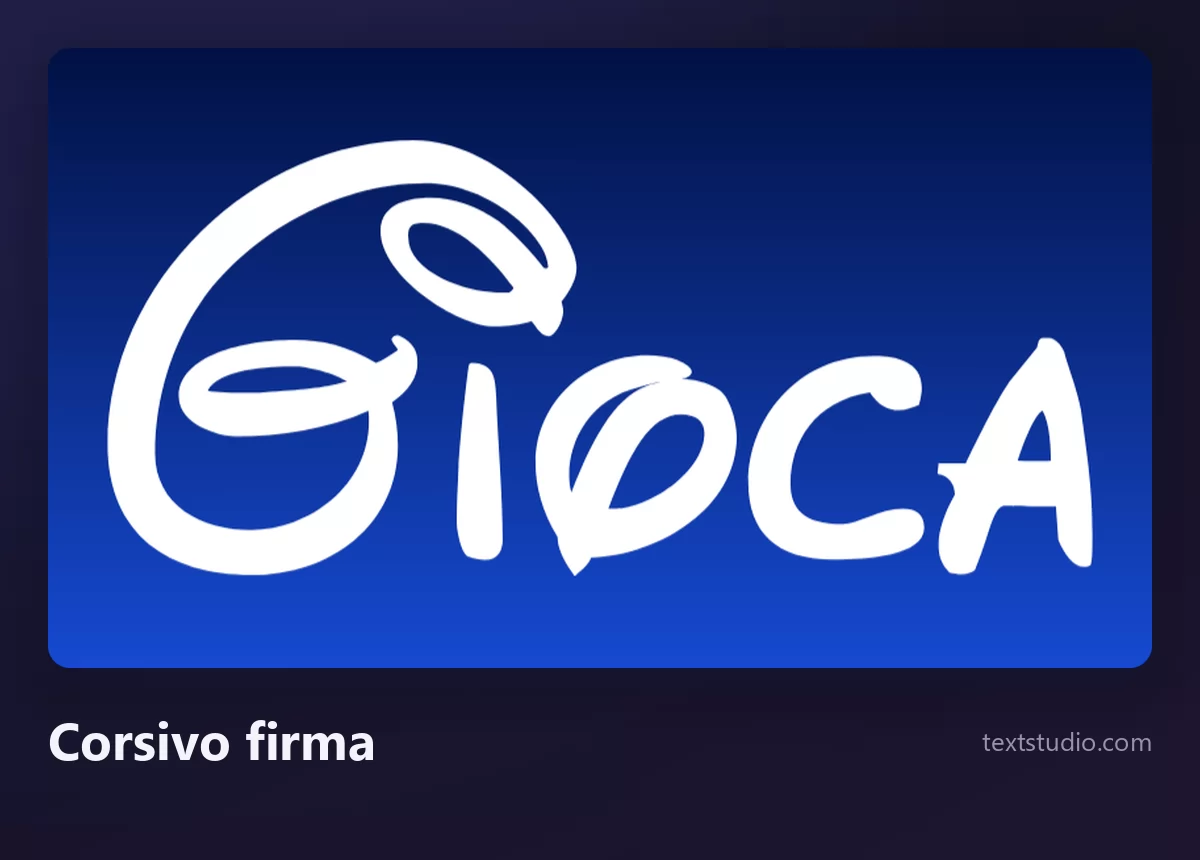 La parola Gioca in un corsivo da firma bianco e sottile, pieno di anelli, con una prima lettera dal ricciolo caratteristico, su una sfumatura blu intensa