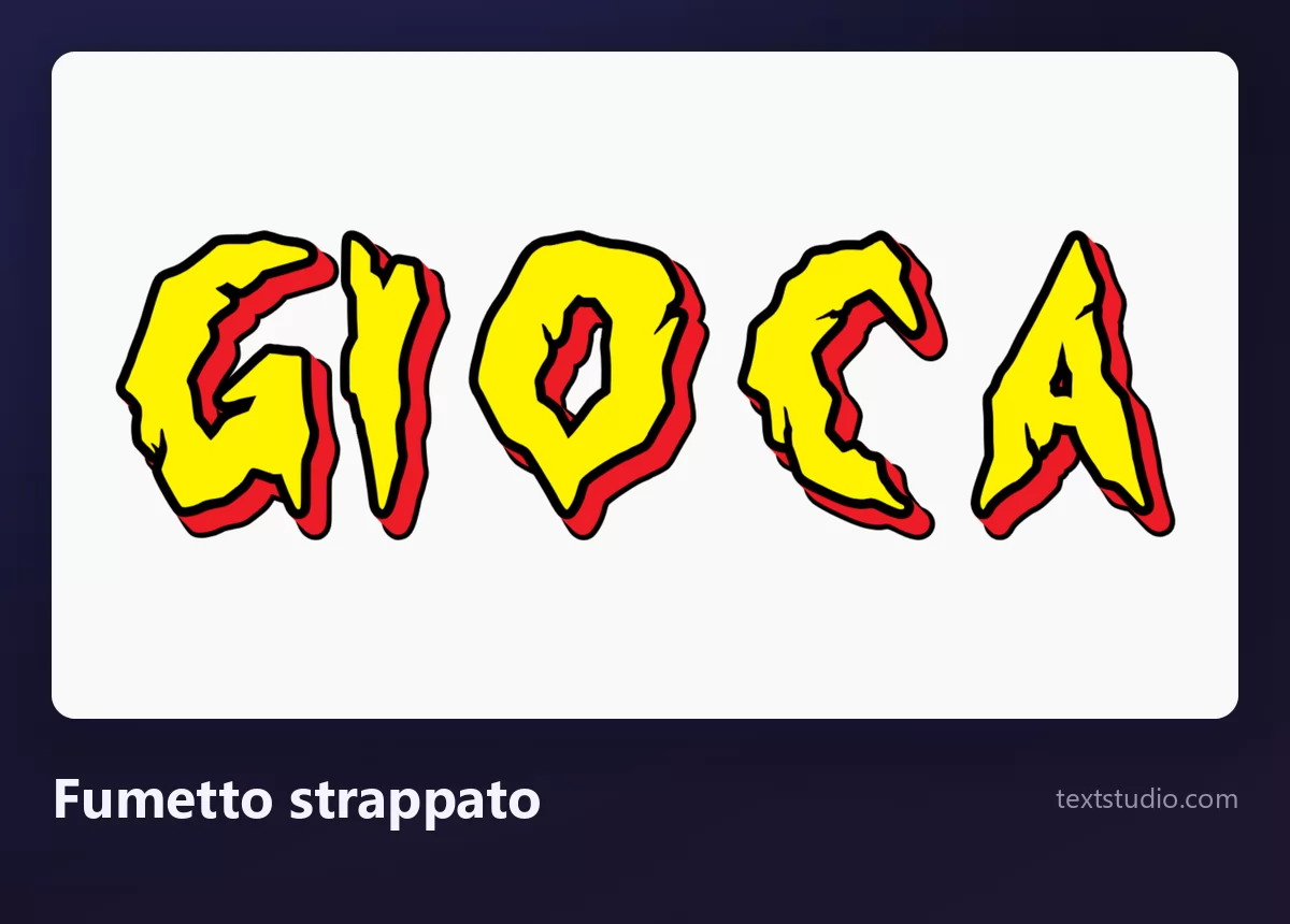 La parola GIOCA in maiuscole gialle con un contorno rosso strappato e frastagliato e angoli appuntiti, su uno sfondo bianco