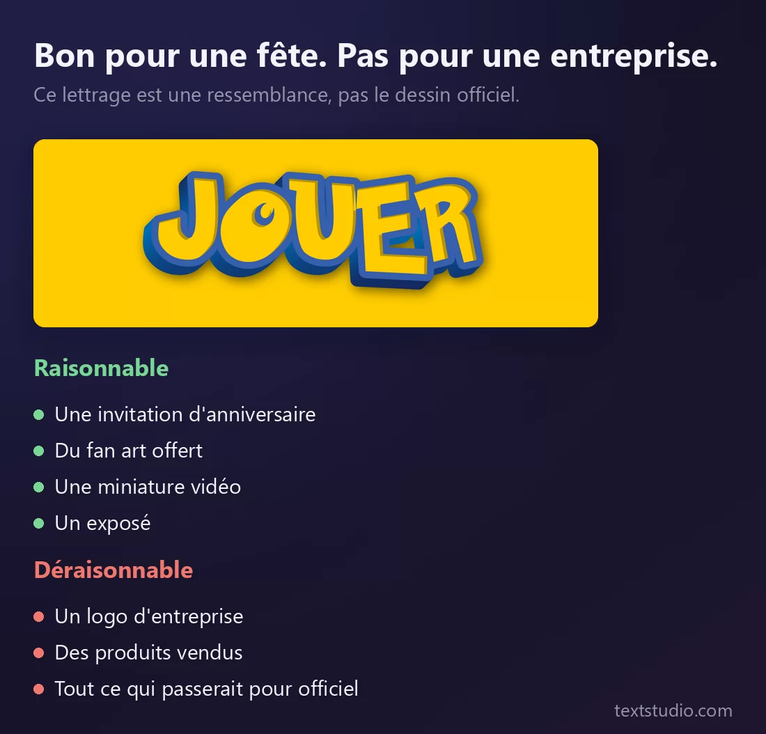 Un seul lettrage de logo avec deux listes : en vert les usages raisonnables, invitation d'anniversaire, fan art offert, miniature vidéo, exposé ; en rouge un logo d'entreprise, des produits vendus et tout ce qui passerait pour officiel