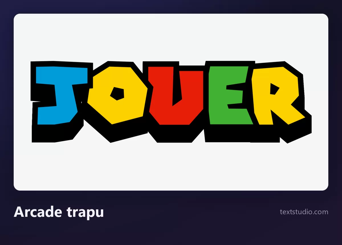 Le mot JOUER en lettrage d'arcade trapu, des capitales épaisses bleues, jaunes, rouges et vertes cernées d'un gros contour noir sur un fond blanc