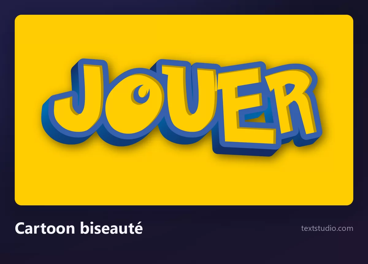 Le mot JOUER en capitales cartoon jaunes biseautées, cernées d'un épais contour bleu et relevées d'une tranche en trois dimensions, sur un fond jaune d'or
