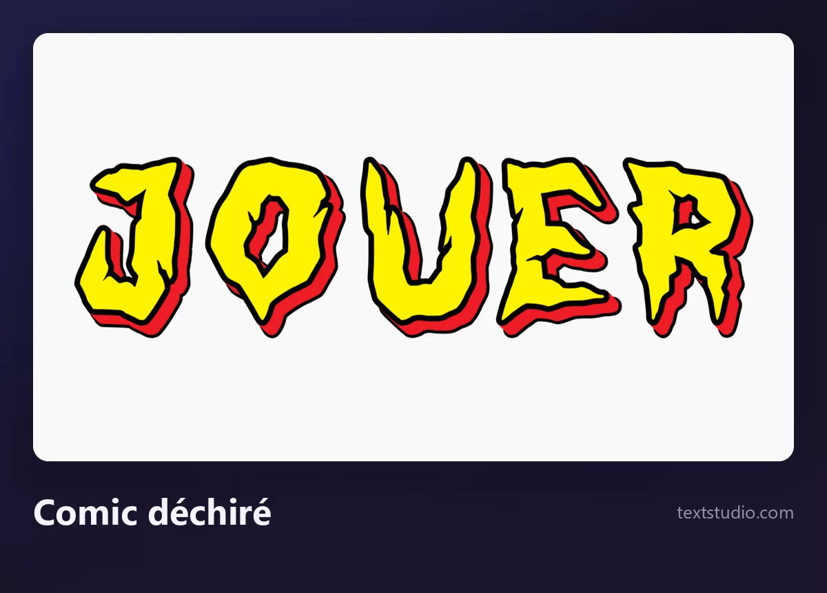 Le mot JOUER en capitales jaunes cernées d'un contour rouge déchiré, avec des pointes acérées là où une lettre normale aurait un angle, sur un fond blanc