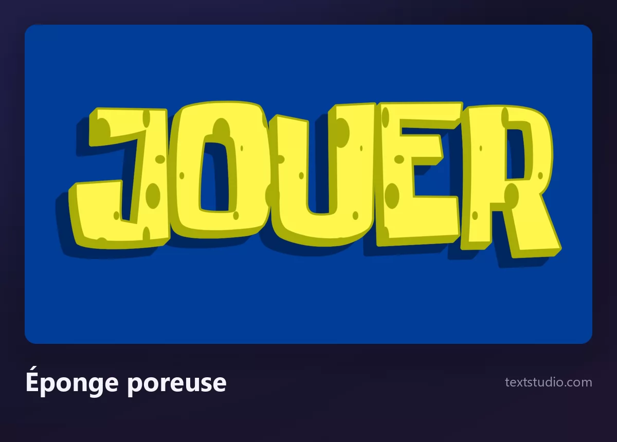 Le mot JOUER en lettres d'éponge jaunes percées de trous bien visibles, avec un liseré vert tendre, posées sur un fond bleu profond