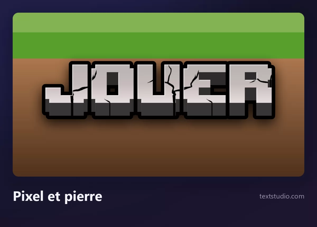 Le mot JOUER en lettres pixel grises texturées comme de la pierre fissurée, posées sur une bande d'herbe verte au-dessus d'un sol de terre brune