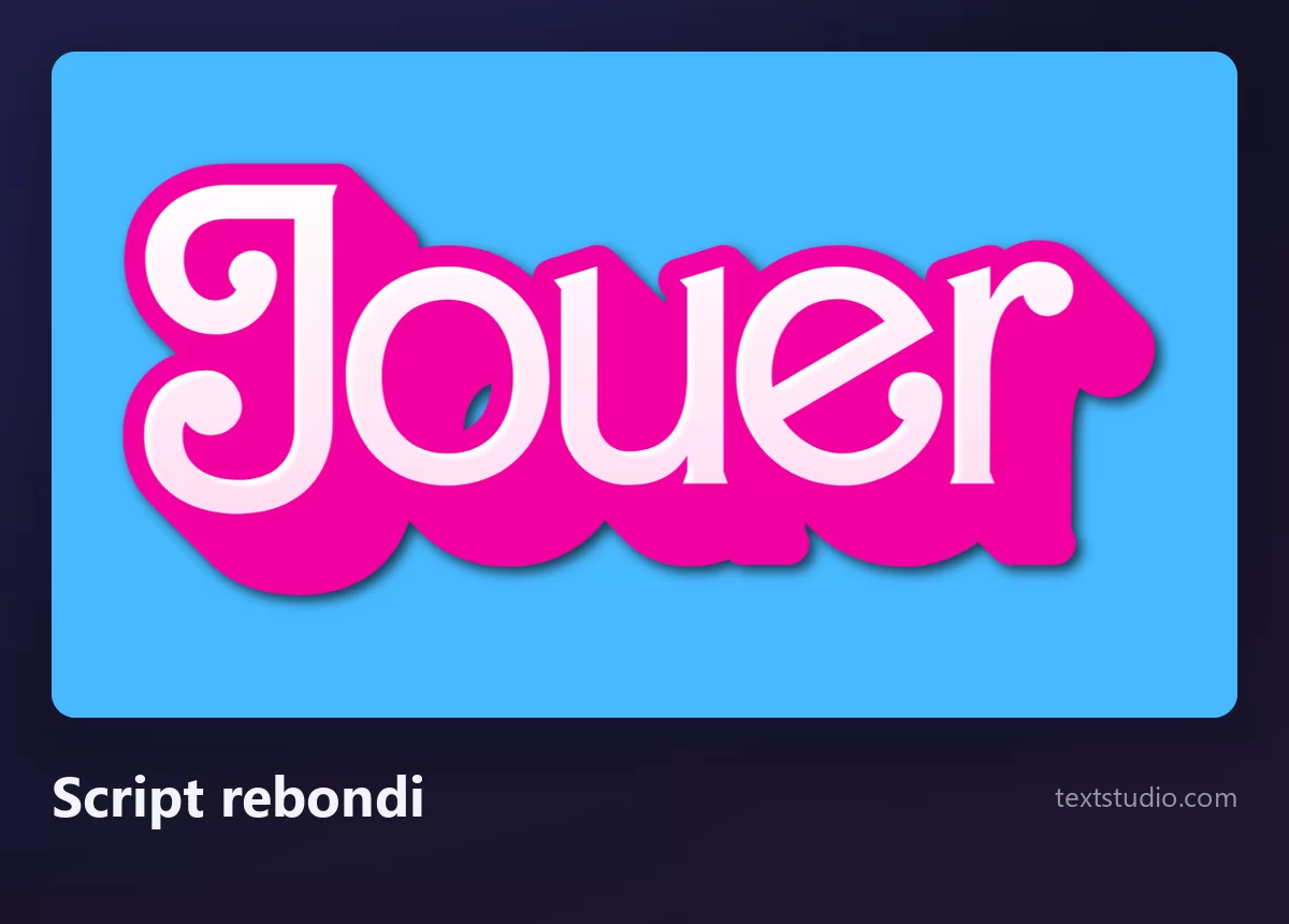 Le mot Jouer en script rebondi rose, des lettres grasses et arrondies entourées d'une découpe blanche et d'une ombre douce, sur un fond bleu clair