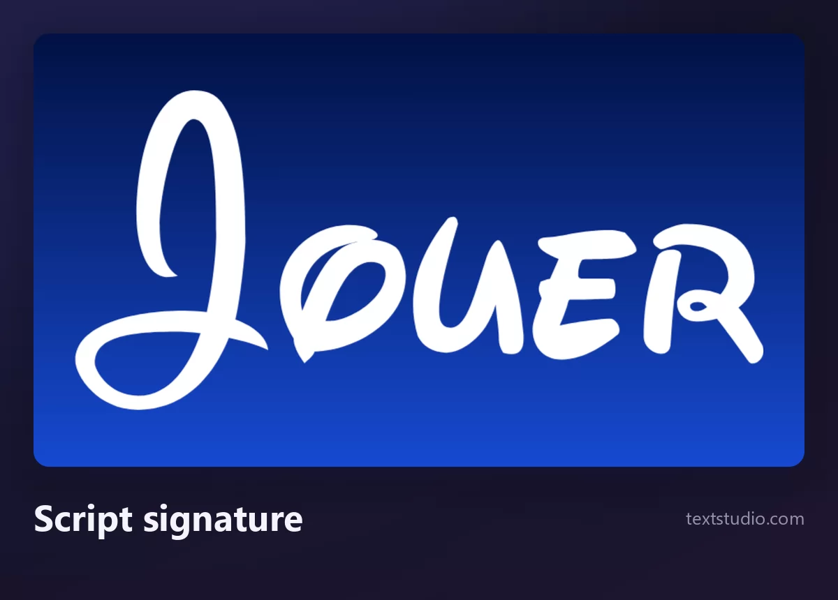 Le mot Jouer dans un script de signature blanc, fin et bouclé, avec une première lettre à la boucle très reconnaissable, posé sur un dégradé bleu profond