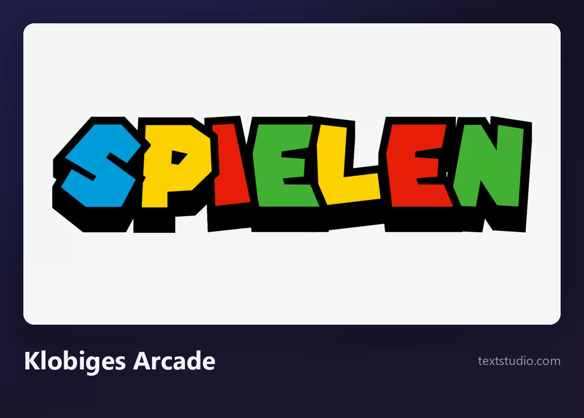Das Wort SPIELEN in klobigem Arcade-Lettering, fette Versalien in Blau, Gelb, Rot und Grün mit dicker schwarzer Kontur auf weißem Hintergrund