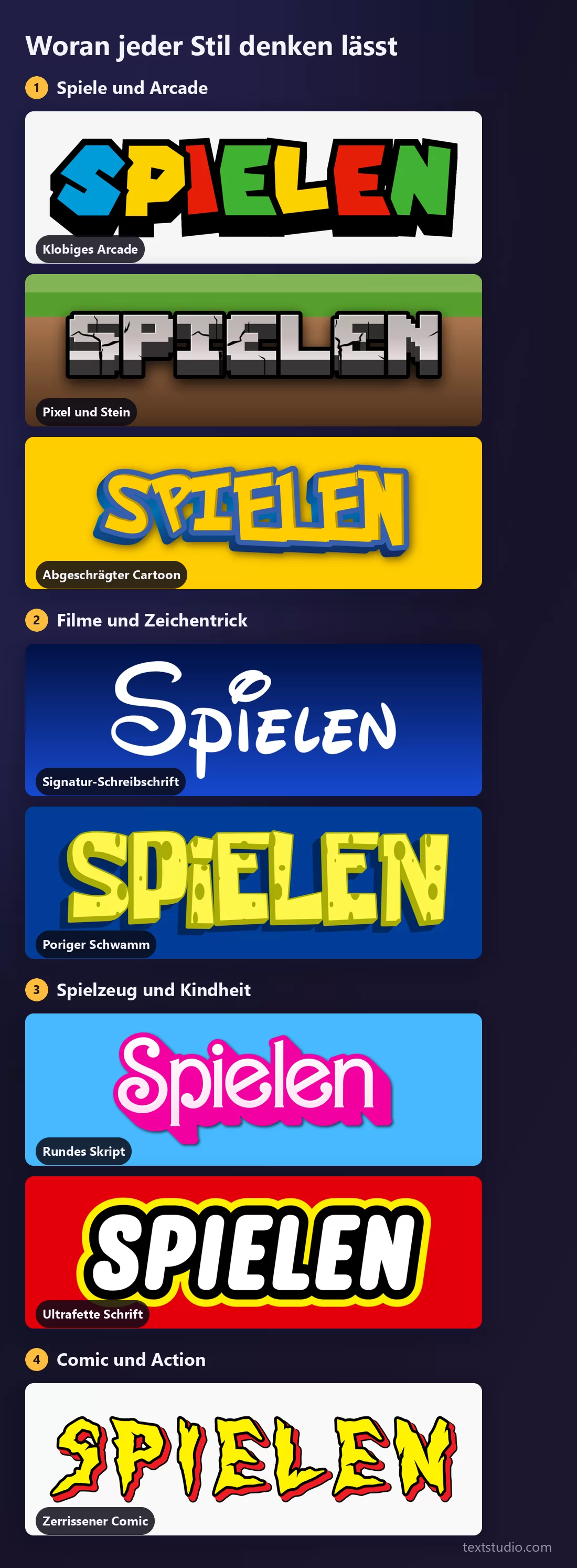 Die acht Stile in vier Gruppen sortiert: Games und Arcade, Filme und Cartoons, Spielzeug und Kindheit, Comics und Action, jede Gruppe mit dem Lettering, das zu ihr gehört