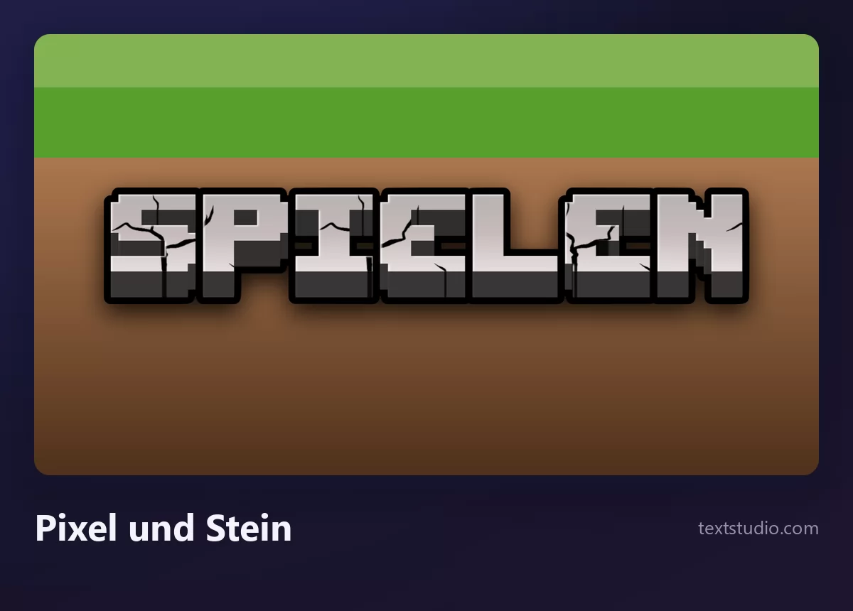 Das Wort SPIELEN in grauen, steinartig texturierten Pixelbuchstaben mit Rissen, die auf einem grünen Grasstreifen über brauner Erde stehen