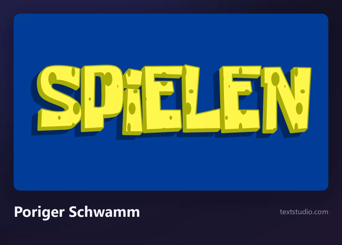 Das Wort SPIELEN in porösen gelben Schwammbuchstaben mit sichtbaren Löchern und einer weichen grünen Kante, auf tiefblauem Hintergrund