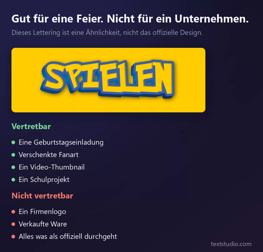 Ein Letteringstil einmal gezeigt, daneben zwei Listen: sinnvolle Verwendungen in Grün, also Einladung, verschenkte Fanart, Vorschaubild und Schulprojekt, und unpassende in Rot, also Firmenlogo, verkauftes Merchandise und alles Offizielle