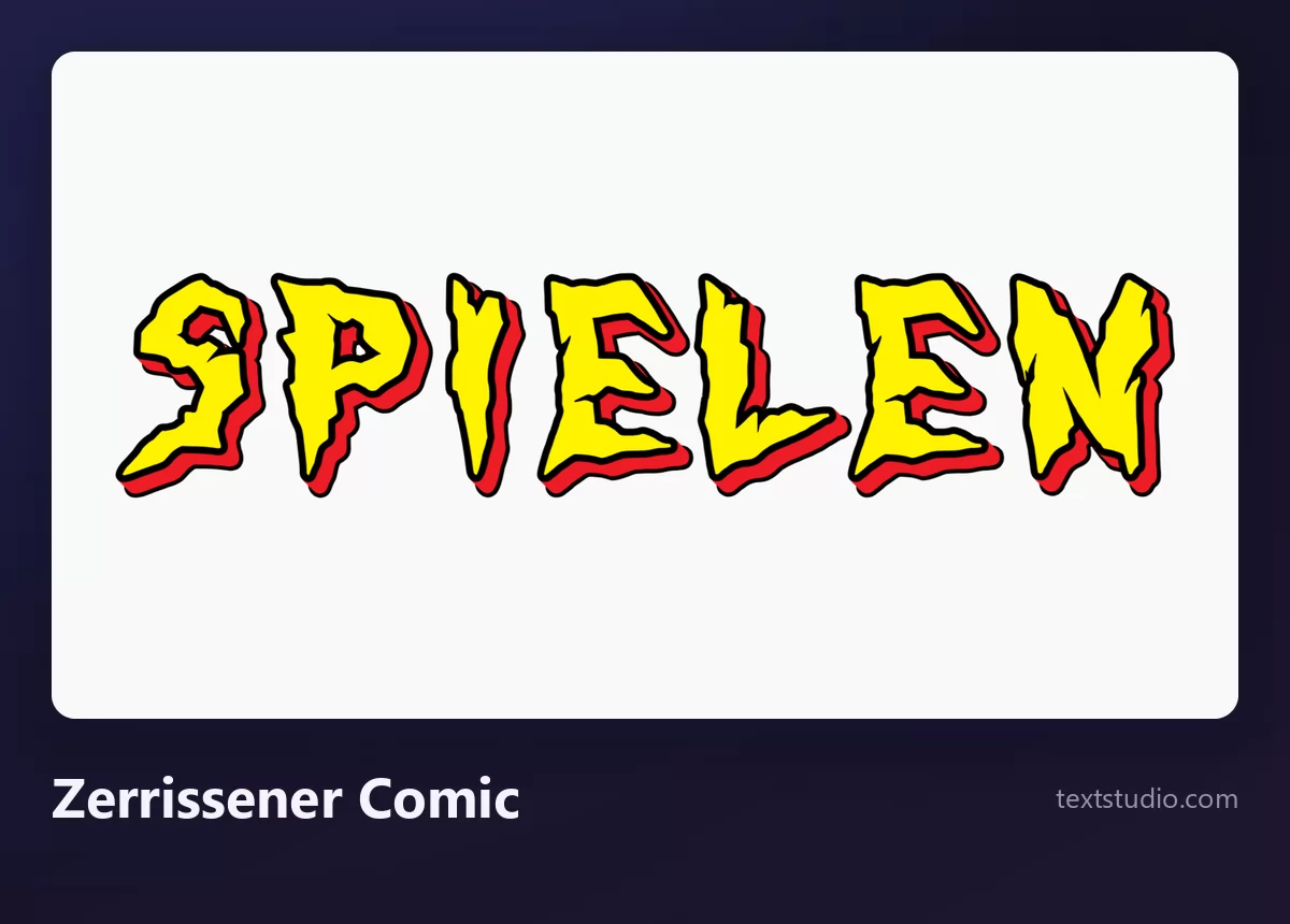Das Wort SPIELEN in gelben Versalien mit zerrissener roter Kontur und scharfen, spitzen Ecken, auf weißem Hintergrund