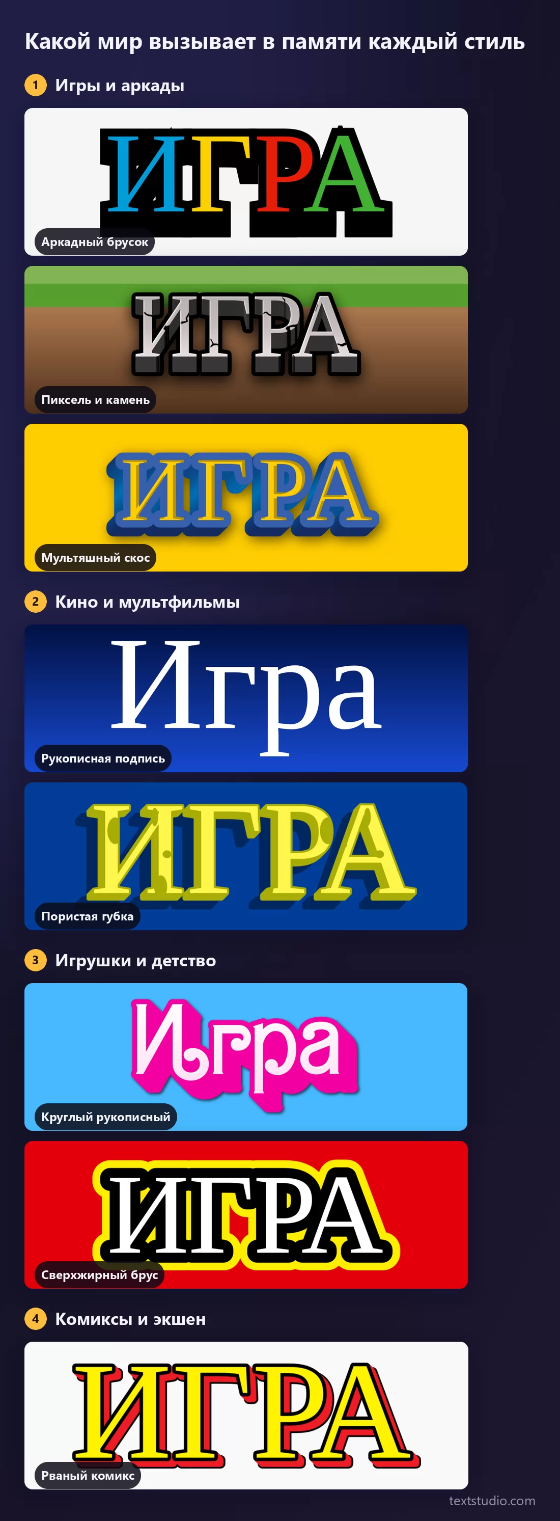 Восемь стилей, разложенных по четырём группам: игры и аркады, кино и мультфильмы, игрушки и детство, комиксы и экшен, в каждой группе показана относящаяся к ней надпись