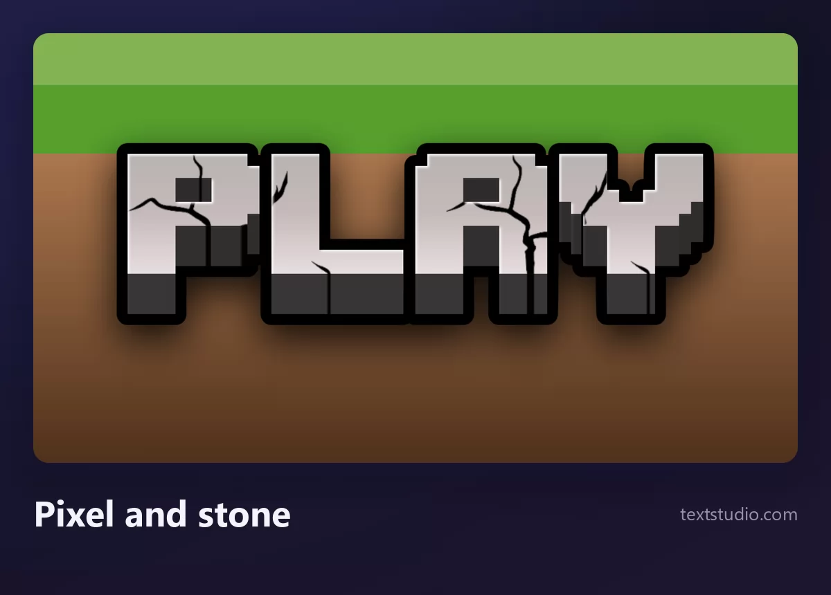 The word PLAY in grey stone-textured pixel letters with cracks, standing on a green grass strip above brown earth