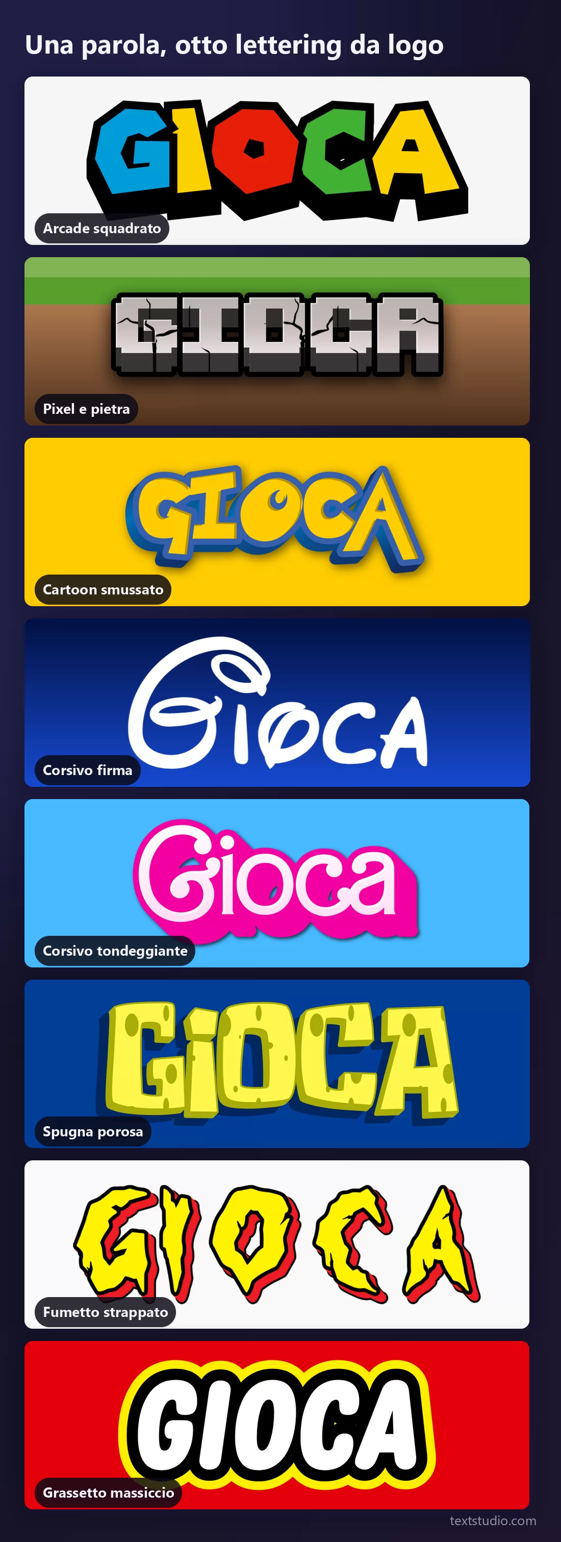 Otto stili di lettering da logo sulla stessa parola: arcade multicolore, pixel di pietra sull'erba, cartoon giallo smussato, corsivo da firma bianco, corsivo rosa tondeggiante, spugna porosa, fumetto strappato e grassetto bianco su rosso