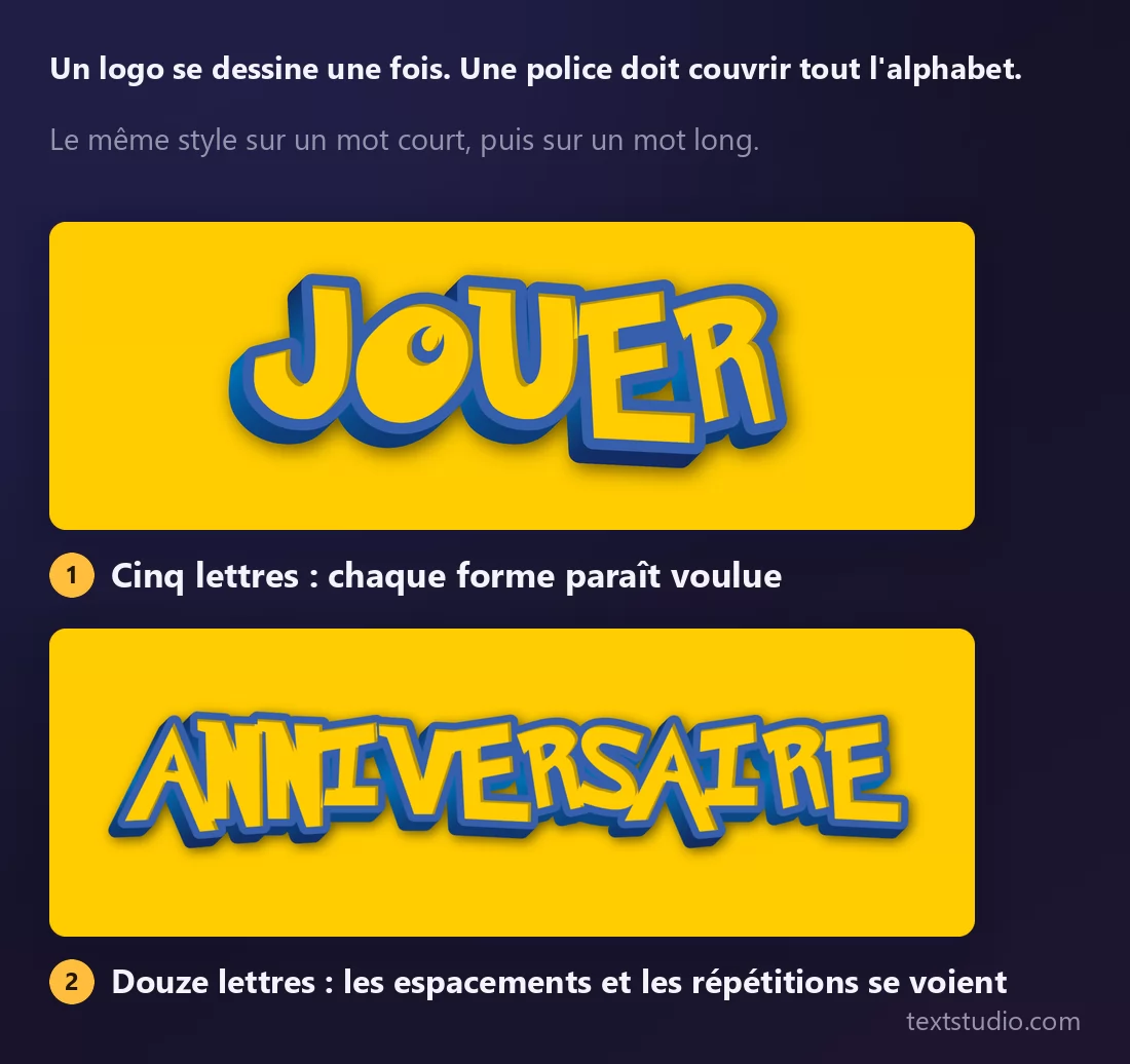 Le même lettrage cartoon biseauté sur deux mots : JOUER en cinq lettres, où chaque forme paraît voulue, puis ANNIVERSAIRE en douze lettres, où les espacements se resserrent et où les lettres répétées trahissent la recréation