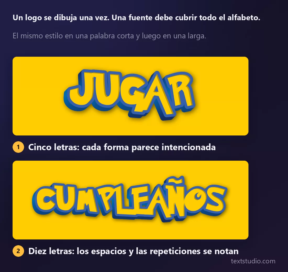 El mismo lettering cartoon biselado sobre dos palabras: JUGAR, de cinco letras, donde cada forma parece deliberada, y CUMPLEAÑOS, de diez letras, donde el espaciado se aprieta y las letras repetidas delatan la imitación