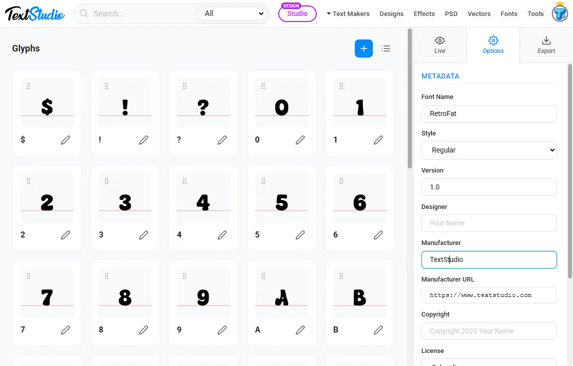 Metadados da fonte no FontMaker