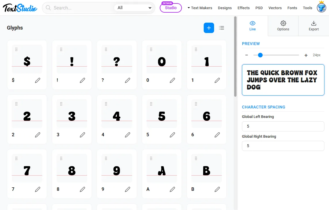 Lista de glifos no FontMaker
