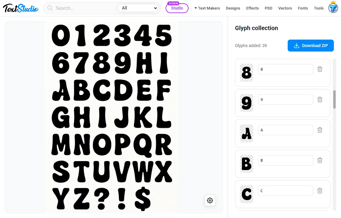 Interface da folha de fonte no GlyphCutter