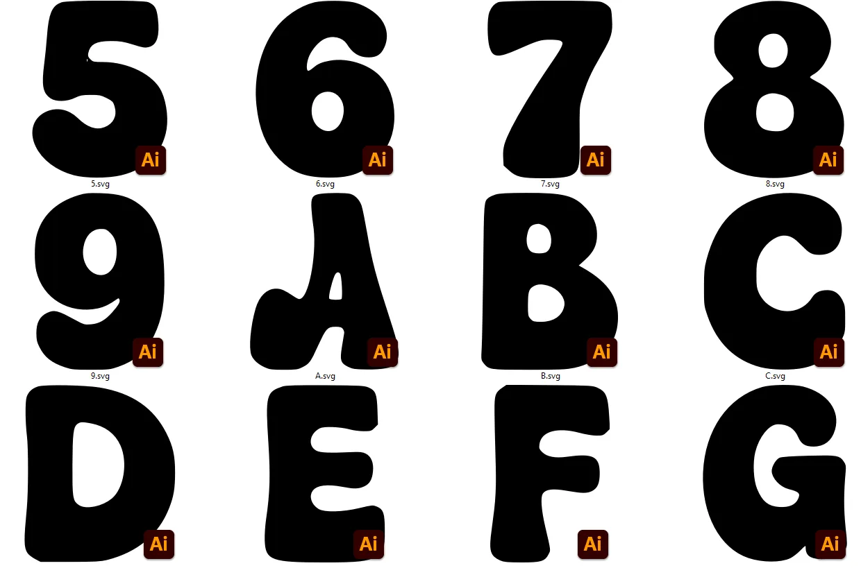 Os arquivos SVG gerados pelo GlyphCutter extraídos do arquivo zip