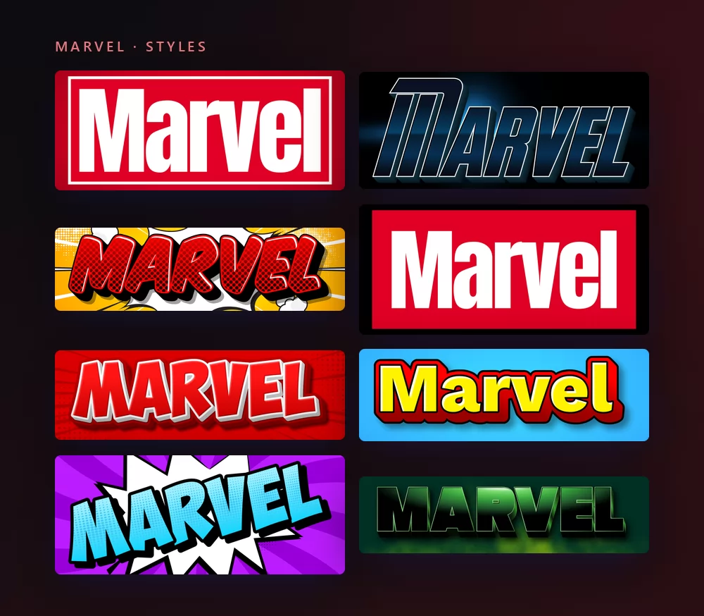 Eight Marvel text styles: the red logo block with a white inner rule, chrome capitals with blue rim light, red comic letters on a yellow halftone burst, the solid red block, red letters with a white outline on a red sunburst, yellow letters with a red shadow on blue, blue letters on a purple starburst, and green capitals on a dark field
